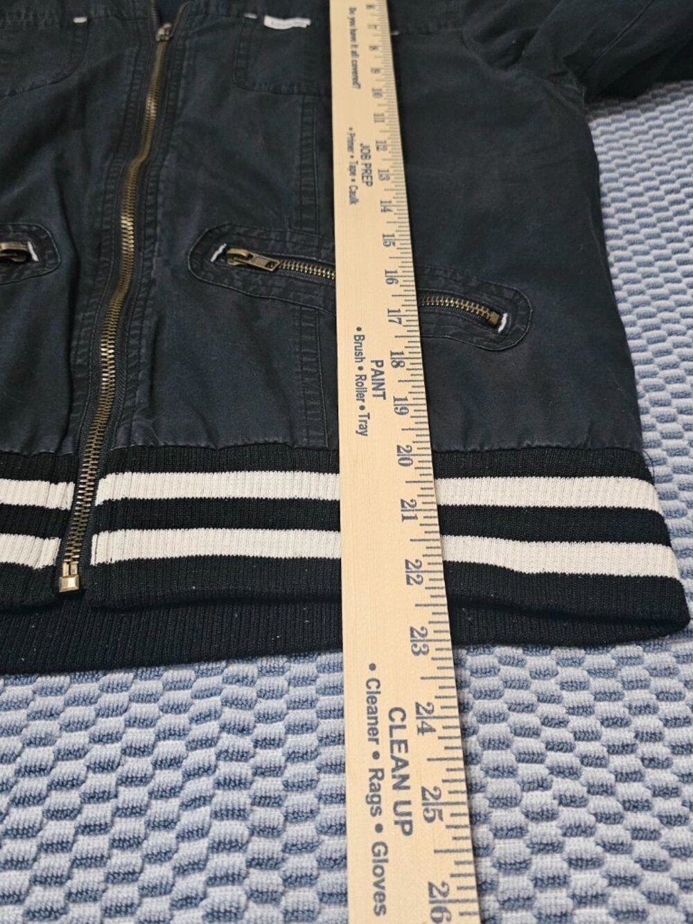 Rusty Lopez Luxe Bomber Black Denim Jacket Striped Trim - Size XL Fits Medium - Picture 6 of 6